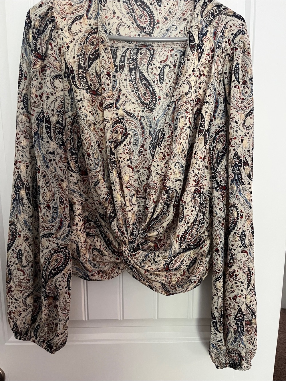 Fashion Nova Cream Paisley Twist-Front Top with Navy and Rust Accents